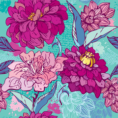 Floral Seamless Pattern with hand drawn flowers -  chrysanthemum