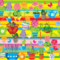 Seamless pattern with spring and summer flowers in pots. Ready t