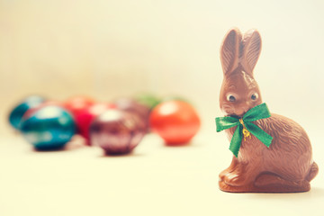 Chocolate Easter bunny and Easter eggs