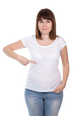 Fototapeta premium happy plus size woman pointing on blank white t-shirt isolated o