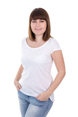 young beautiful plus size woman in blank white t-shirt posing is