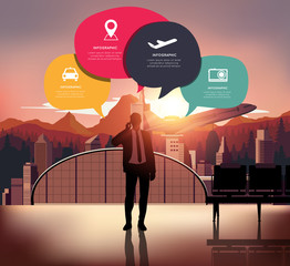 Infographic with silhouette people on airport background.