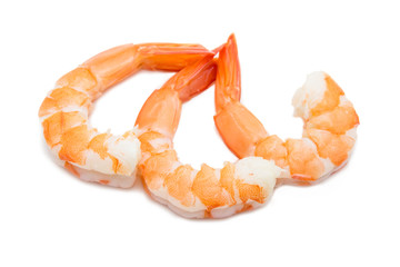 Three cooked unshelled tiger shrimps isolated on white background