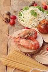 Spaghetti with shrimp and tomato sauce delicious.