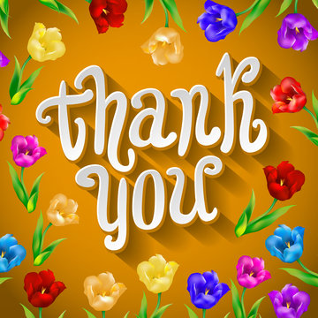 Vector Thank you script greeting card with cute floral elements.