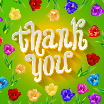 Thank you! Bright cartoon card made of flowers and butterflies. Floral background in summer colors