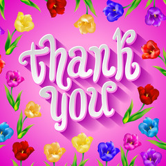 Thank you card in pink colors. Stylish floral background with text and cute cartoon bird in vector