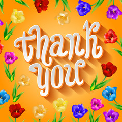 Vector Thank you script greeting card with cute floral elements.