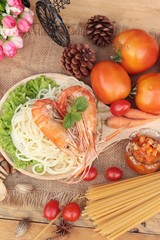 Spaghetti with shrimp and tomato sauce delicious.