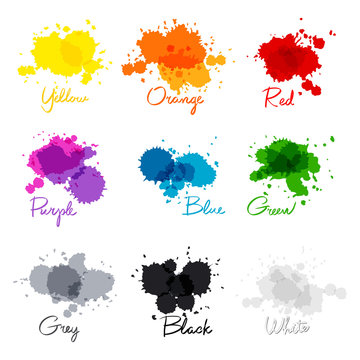signed the names of colors. colorful watercolor drops.  hand-written name of the color yellow, orange, red, purple, blue, green, grey, black, white.