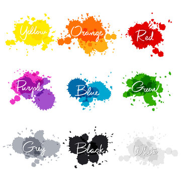 signed the names of colors. colorful watercolor drops.  hand-written name of the color yellow, orange, red, purple, blue, green, grey, black, white.