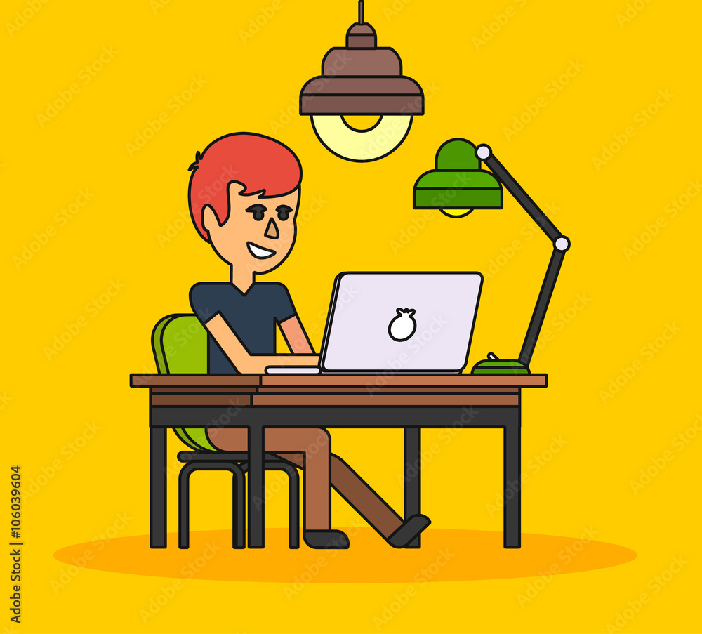 Poster man work with computer design flat