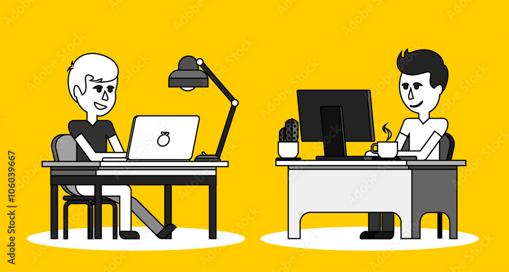 Poster man work with computer design flat