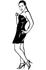 vector sketch of a girl in a slinky black dress with heels