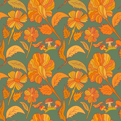 Colorful flowers doodle illustrations, seamless botanic printed pattern. Spring floral background.