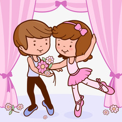 Boy and girl ballet dancers dancing on the theater stage. Vector Illustration 