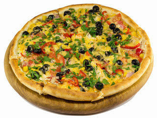 pizza on a wooden stand  isolated on a white background