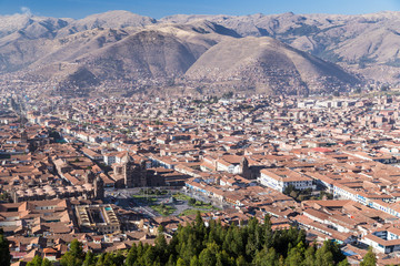 Aerial View of Plaza de Armas, Cusco, and Andes Mountains in Peru by  day - 106043834