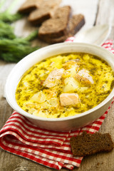 Finnish salmon soup with cream and vegetables