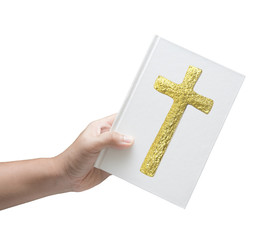 hand holding bible book on white background