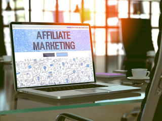 Affiliate Marketing Concept Closeup on Landing Page of Laptop Screen in Modern Office Workplace. Toned Image with Selective Focus. 3D Render. - obrazy, fototapety, plakaty