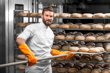 Handsome baker in uniform with orange working gloves putting with shovel from the oven bread loafs...