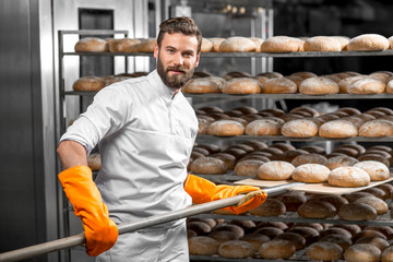 Handsome baker in uniform with orange working gloves putting with shovel from the oven bread loafs...