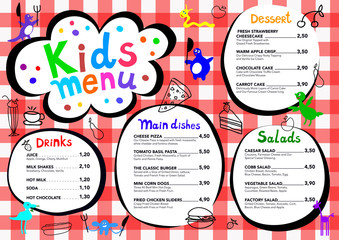 Cute colorful meal kids menu template with cute little monsters 