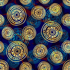 Seamless abstract pattern with hand-drawn circles, blue background with yellow and blue round shapes, EPS 10