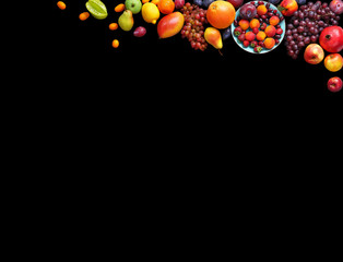 Deluxe fruits background. Studio photography different fruits isolated on black background. Copy space. High resolution product