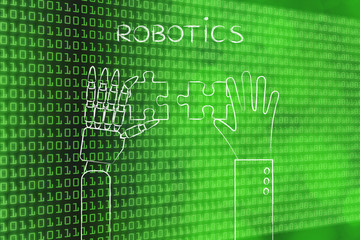 human and robot hands solving a puzzle, robotics