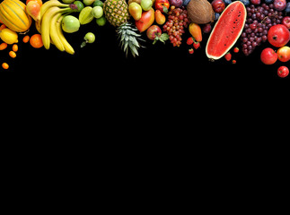 Deluxe fruits background. Studio photography different fruits isolated on black background. Copy...