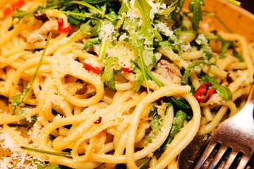 Italiant Pasta spaghetti with meat, red pepper, Parmesan cheese