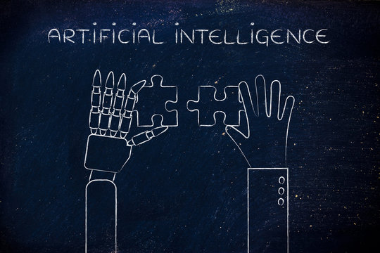 human and robot hands solving a puzzle, artificial intelligence