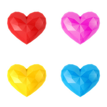 Four multi-colored faceted hearts