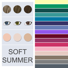 Stock vector seasonal color analysis palette for soft summer type. Type of female appearance