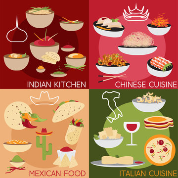 flat design vector banners with italian,mexican chinese and indi