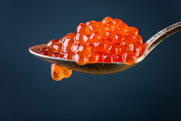 Red caviar in spoon on dark background.