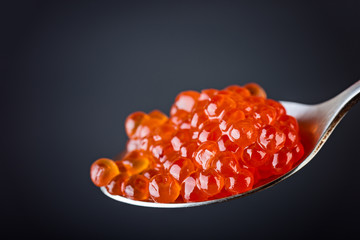 Red caviar in spoon on dark background.