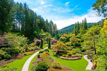 Fototapeta na wymiar Lawn and Flower beds in the Spring with Lush colors, Victoria, Canada 