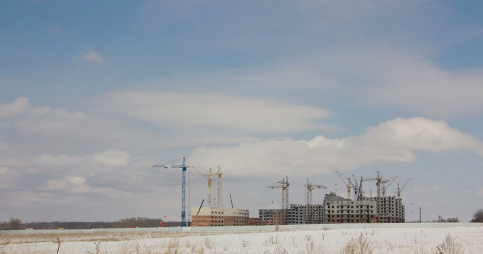 The construction of the new city, there are a large number of construction cranes, timelapse
