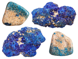 set of crystal and polished azurite mineral stones