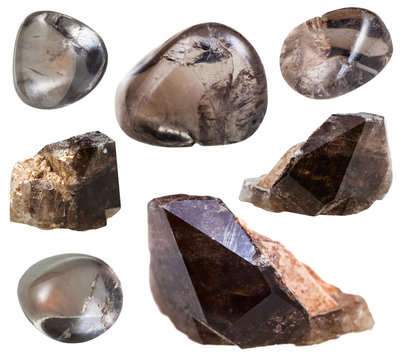 set of smoky quartz crystals and gemstones