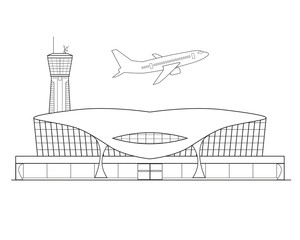 Thin line flat design. Airplane takes off from the airport on a beautiful white background isolated. Vector illustration