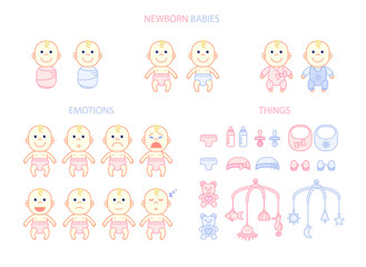 Newborn babies set, emotions and things, flat