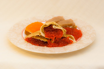 Different types of caviar with pancakes - seafood in Russian Far Eastern  Cuisine