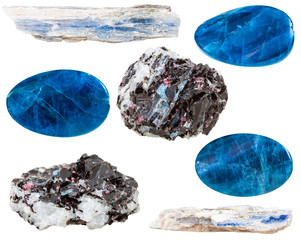 set of kyanite crystals and polished gemstones
