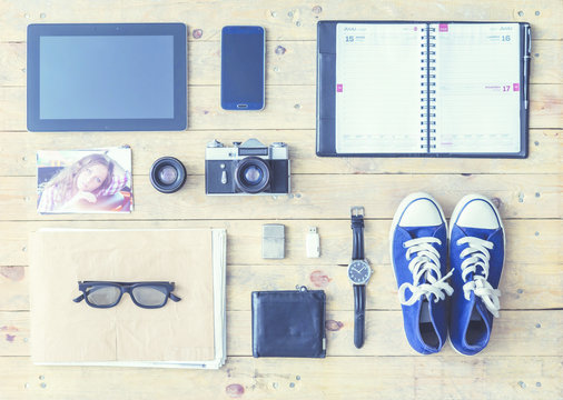 Tablet, phone, album, glasses, wallet, gumshoes, usb storage