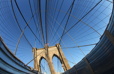 Brooklyn Bridge during repair work with a construction fence