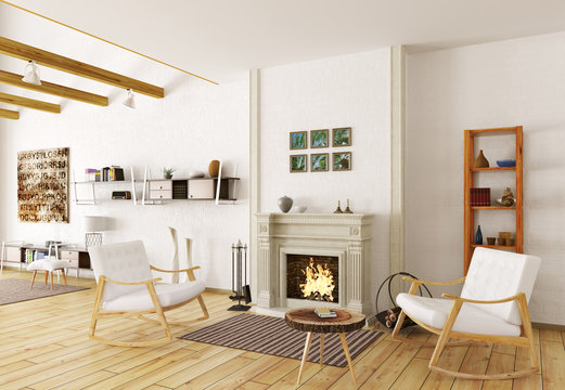 Interior of lounge room with fireplace 3d render